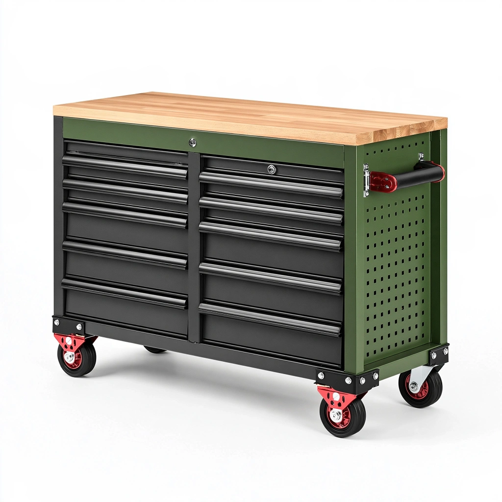 Servante d'atelier 120 x 55 x 95 cm en acier vert noir avec plateau en bois à 12 tiroirs mobile