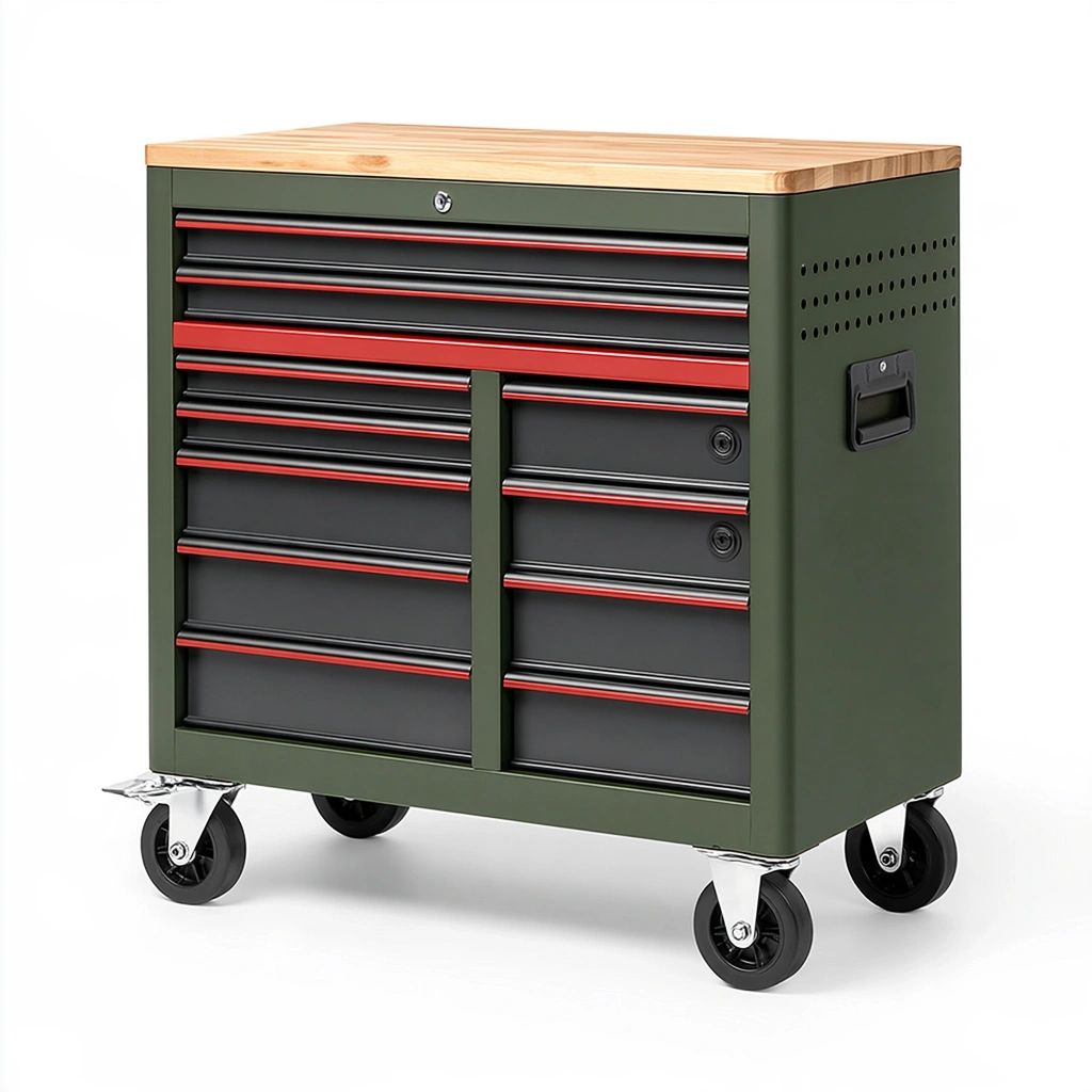 Servante d'atelier 90 x 50 x 95 cm acier vert plateau bois rangement mobile