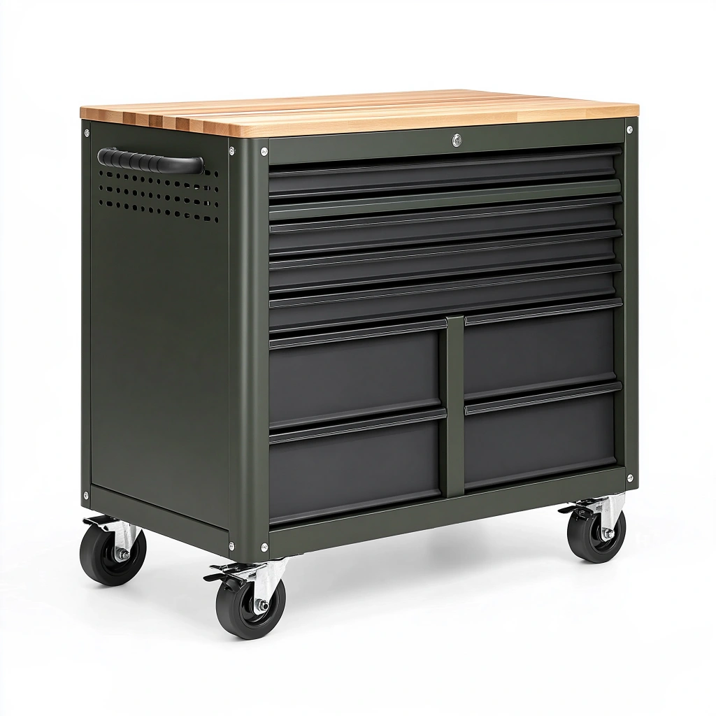 Servante d atelier 76 x 46 x 91 cm en acier vert avec plateau en bois et tiroirs sur roulettes