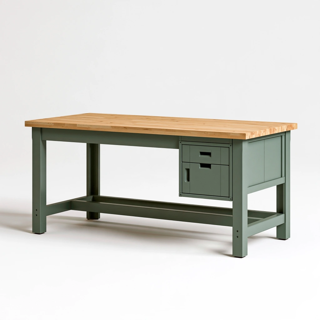 Établi de travail 160 x 70 x 90 cm en bois vert et naturel avec rangements style atelier