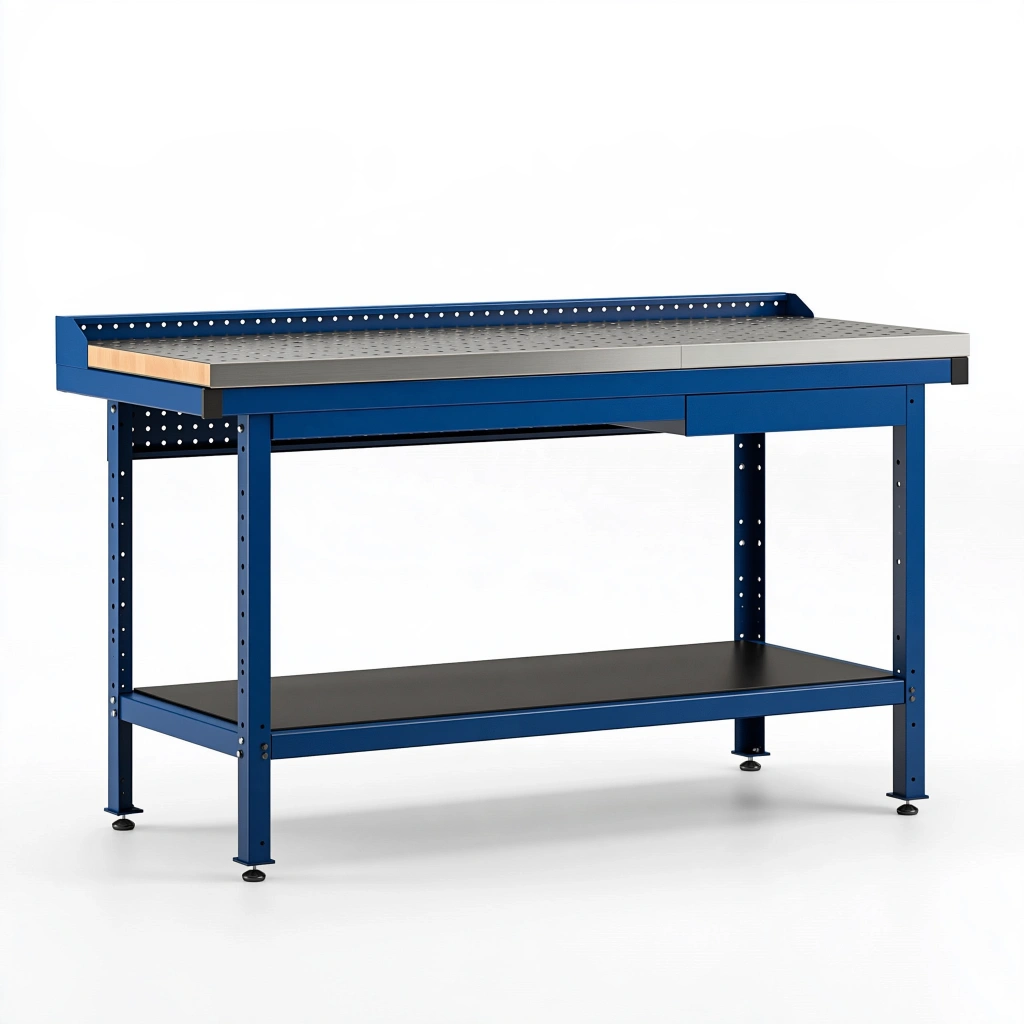 Établi d'atelier 200 x 75 x 90 cm en acier bleu avec plateau perforé et rangement