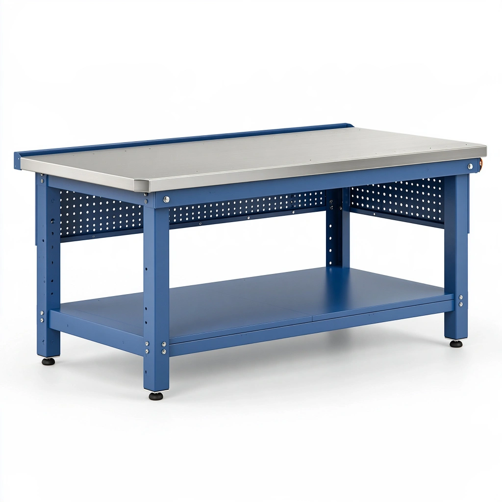 Établi 120 x 60 x 85 cm en métal bleu et gris avec tablette de rangement