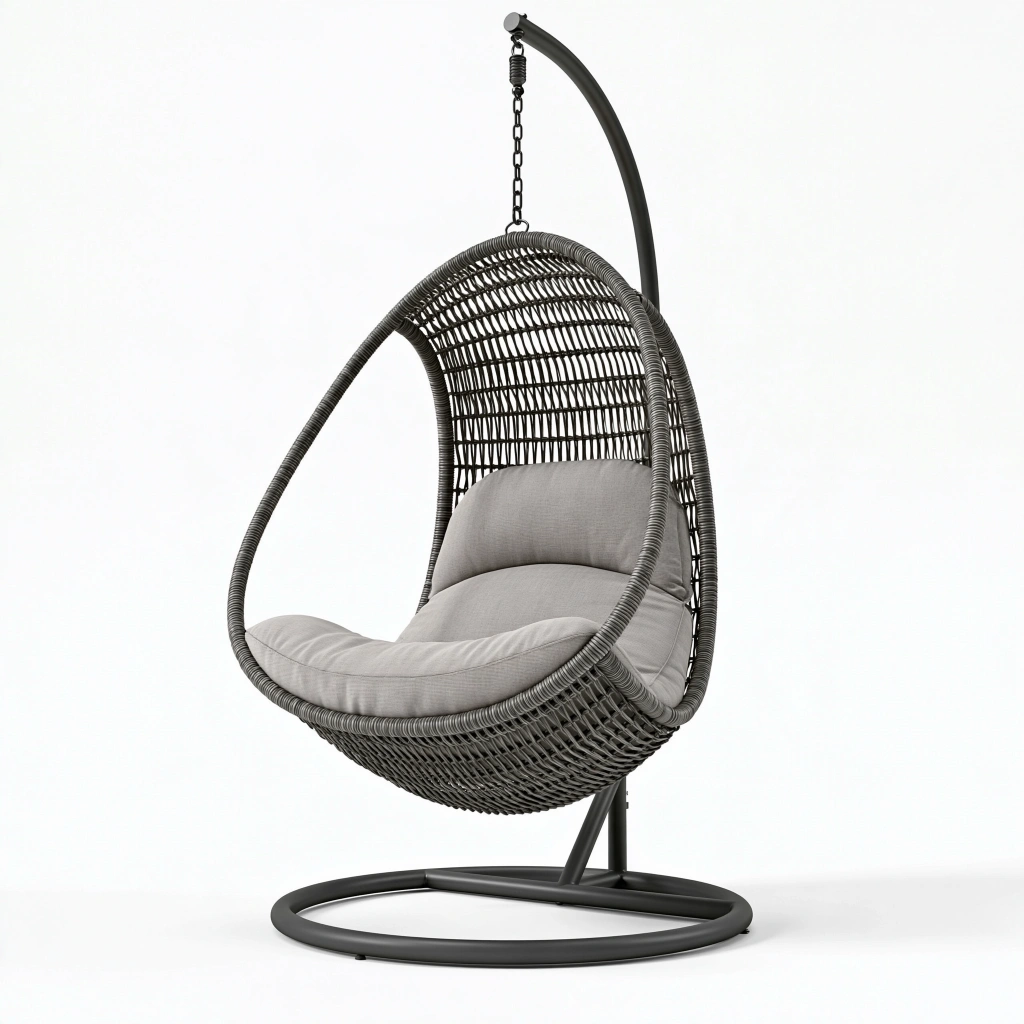 Fauteuil suspendu 105 x 105 x 195 cm en résine tressée gris anthracite avec support style contemporain