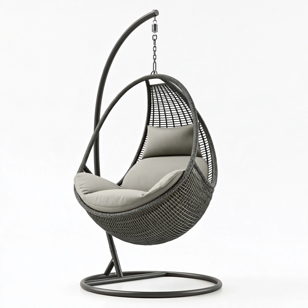 Fauteuil suspendu 110 x 110 x 195 cm en résine tressée gris avec support en acier
