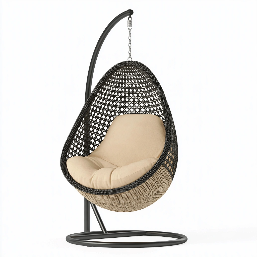 Fauteuil suspendu 105 x 105 x 195 cm en résine tressée noir/beige avec support style bohème