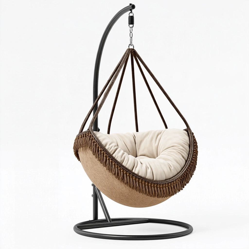 Fauteuil suspendu sur pied 120 x 100 x 195 cm métal noir tressage brun intérieur style bohème