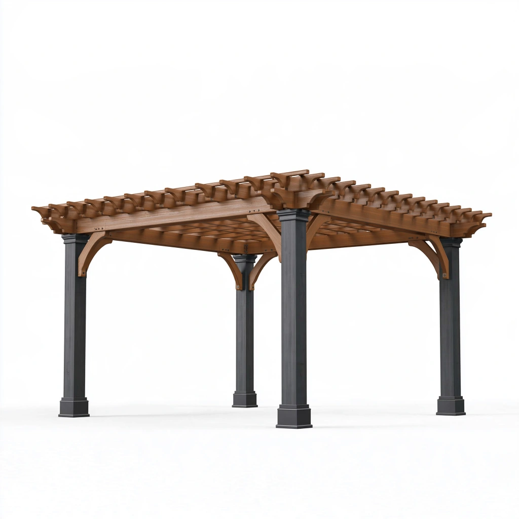 Pergola de jardin 300 x 300 x 250 cm en bois brun et acier anthracite à toit ajouré