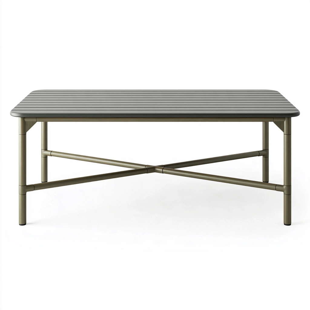 Table basse de jardin 120 x 60 x 45 cm en aluminium gris taupe à lattes style contemporain