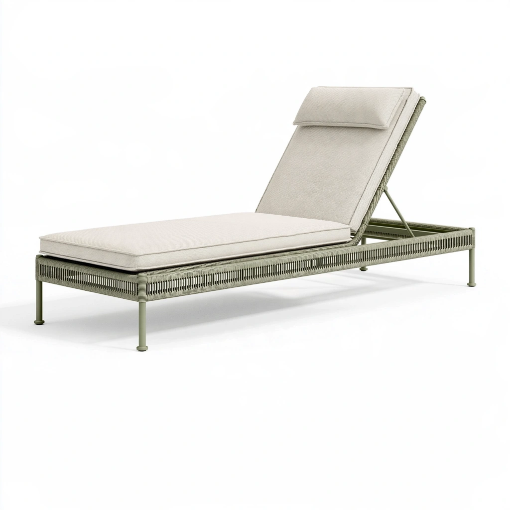 Chaise longue de jardin 200 x 70 cm en fibres tressées vert sauge avec dossier réglable