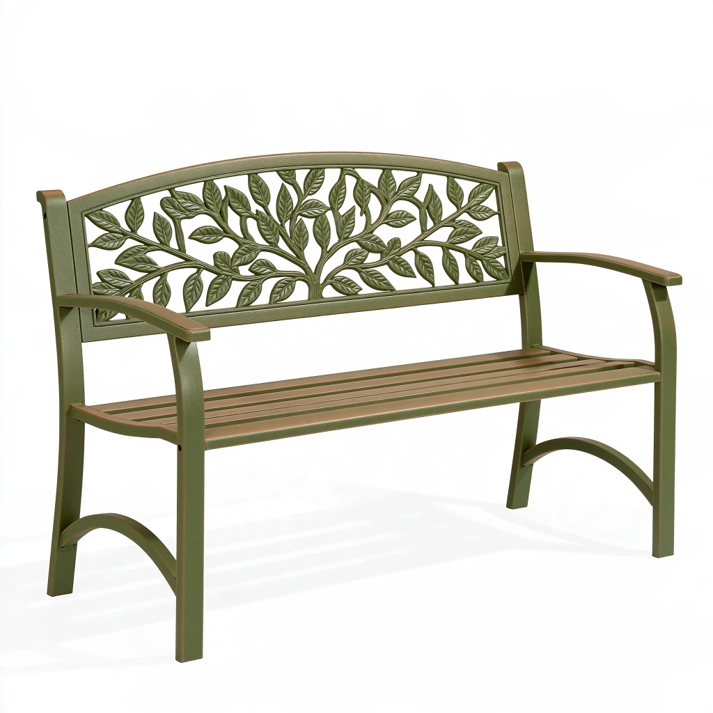 Banc de jardin 127 x 60 x 89 cm en métal vert olive à dossier feuillage