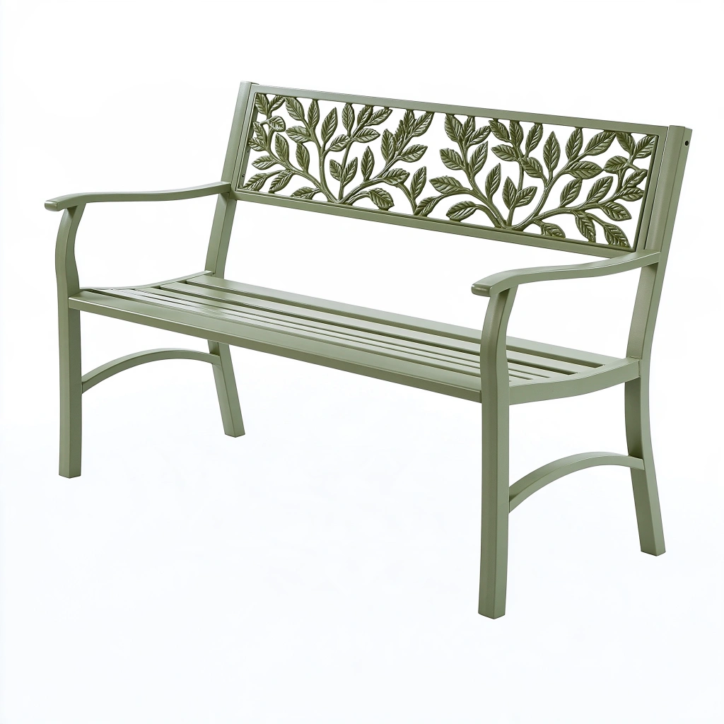 Banc de jardin 122 x 60 x 87 cm en métal vert à dossier ajouré feuillage