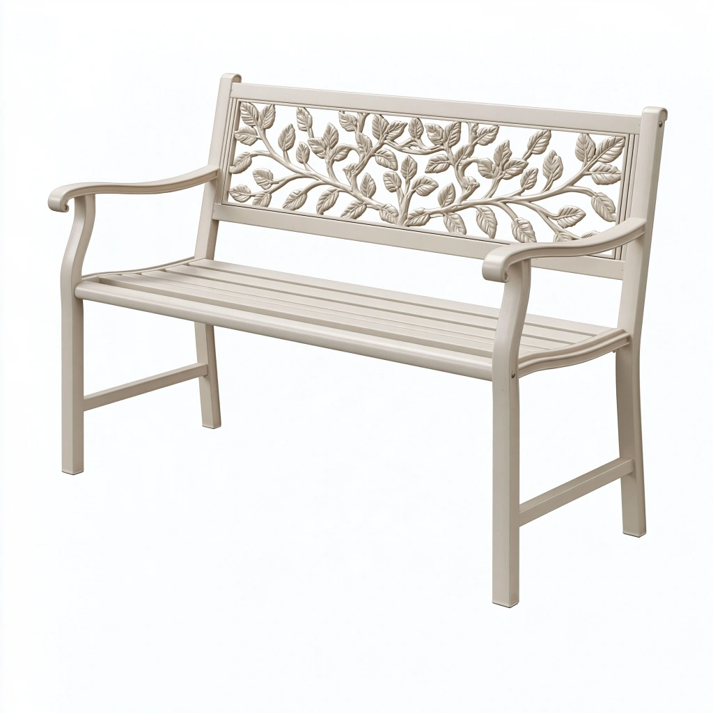 Banc de jardin 120 x 60 x 90 cm en métal beige avec accoudoirs motif feuillage