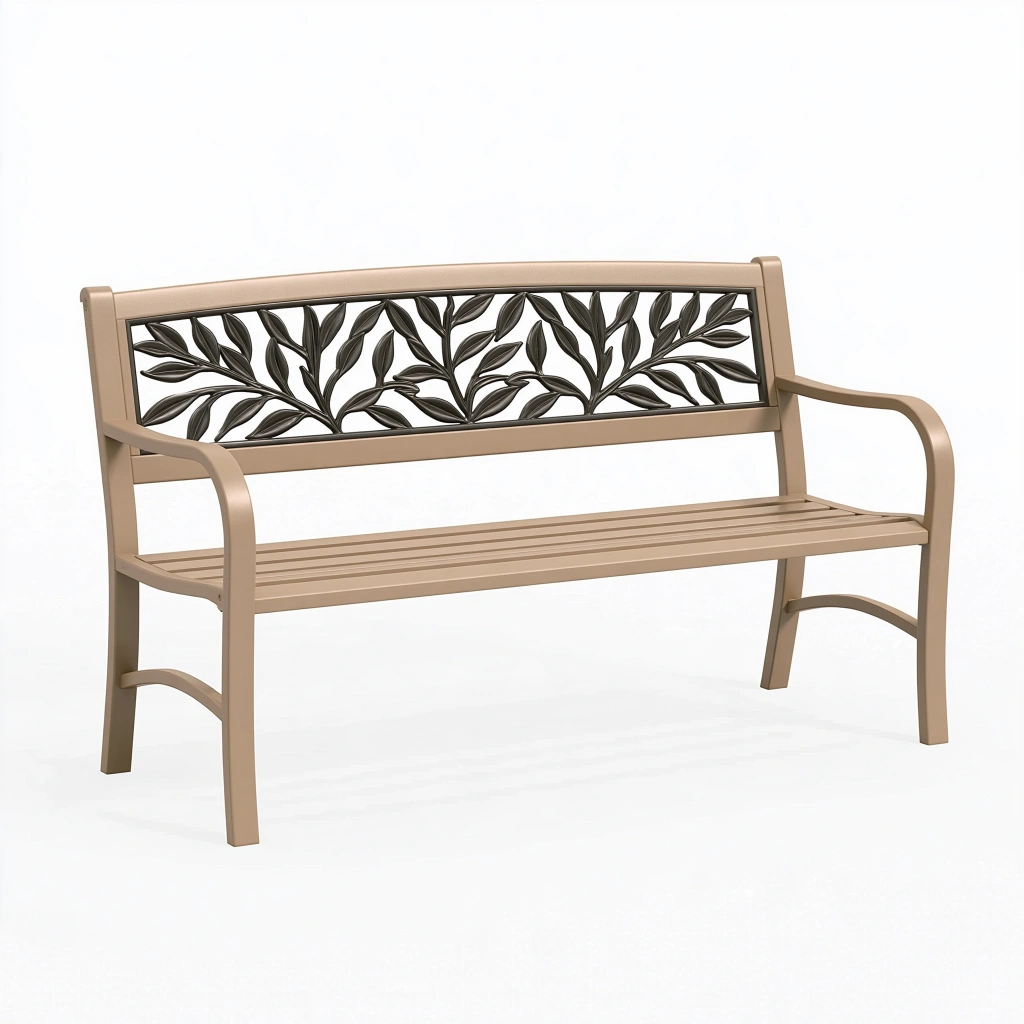 Banc de jardin 125 x 60 x 85 cm en acier taupe décor feuillage 2 places