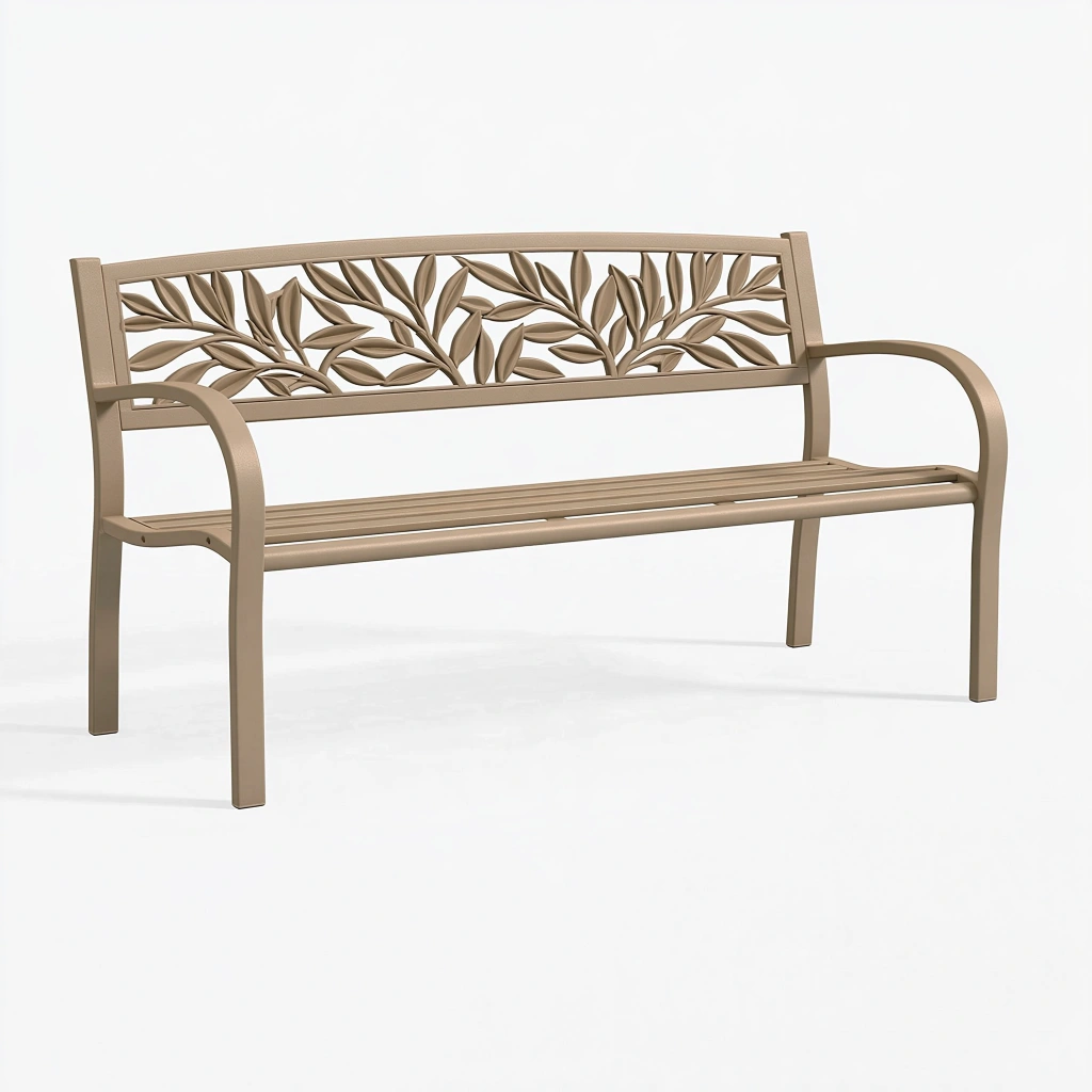 Banc de jardin 122 x 61 x 89 cm en métal beige à dossier feuillage