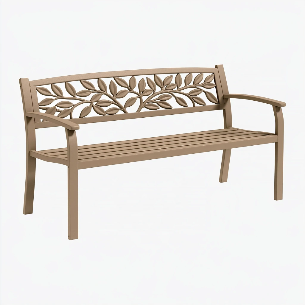 Banc de jardin 122 x 61 x 90 cm en métal taupe à motif feuillage